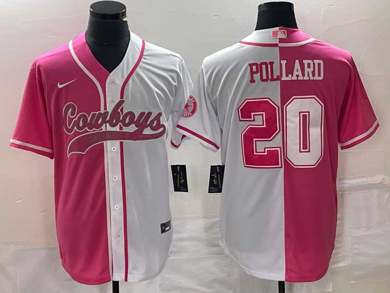 Mens Dallas Cowboys #20 Tony Pollard Pink White Split Cool Base Stitched Baseball Jersey